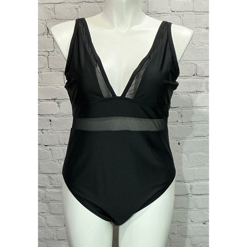 Cupshe Women’s Black V-Neck Mesh Sheer Tummy Control Swimsuit (Size 2X)
